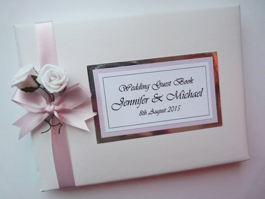 Wedding guest book with roses, light pink and white wedding guest book