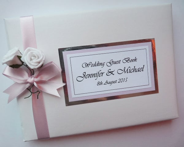 Wedding guest book with roses, light pink and white wedding guest book