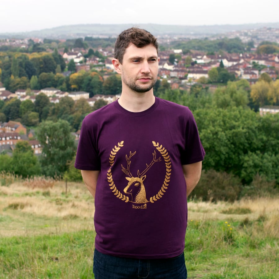 'Simon the Stag' 100% Organic Mens hand screen printed T-shirt.