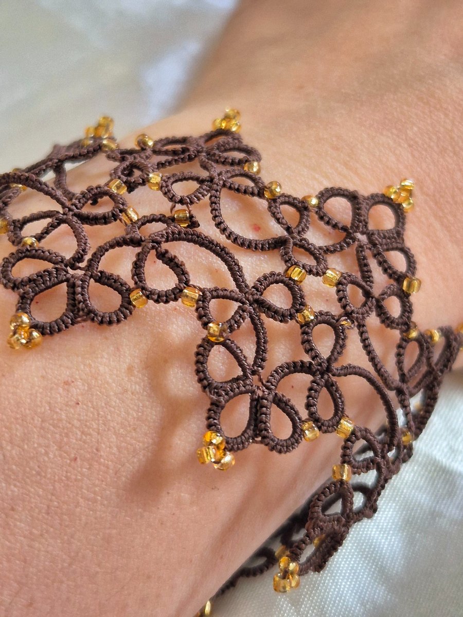 Handmade Brown Lace Bracelet – Gold Beaded Tatting Jewellery