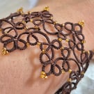 Handmade Brown Lace Bracelet – Gold Beaded Tatting Jewellery
