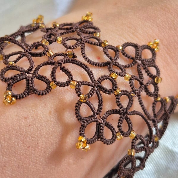Handmade Brown Lace Bracelet – Gold Beaded Tatting Jewellery