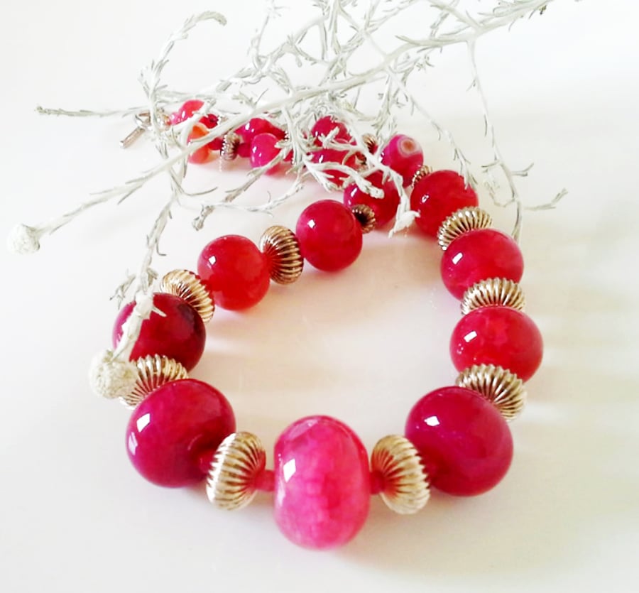 Statement Pink Agate Sterling Silver Beaded Necklace