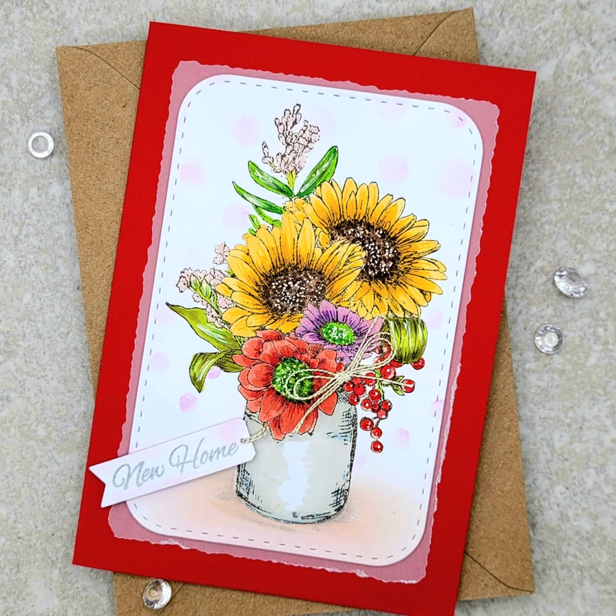 New Home Card - Sunflowers in Vase - handmade, blank inside, red card, bow