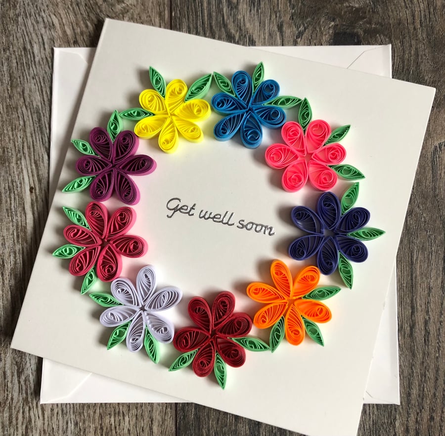 Handmade quilled get well soon round card