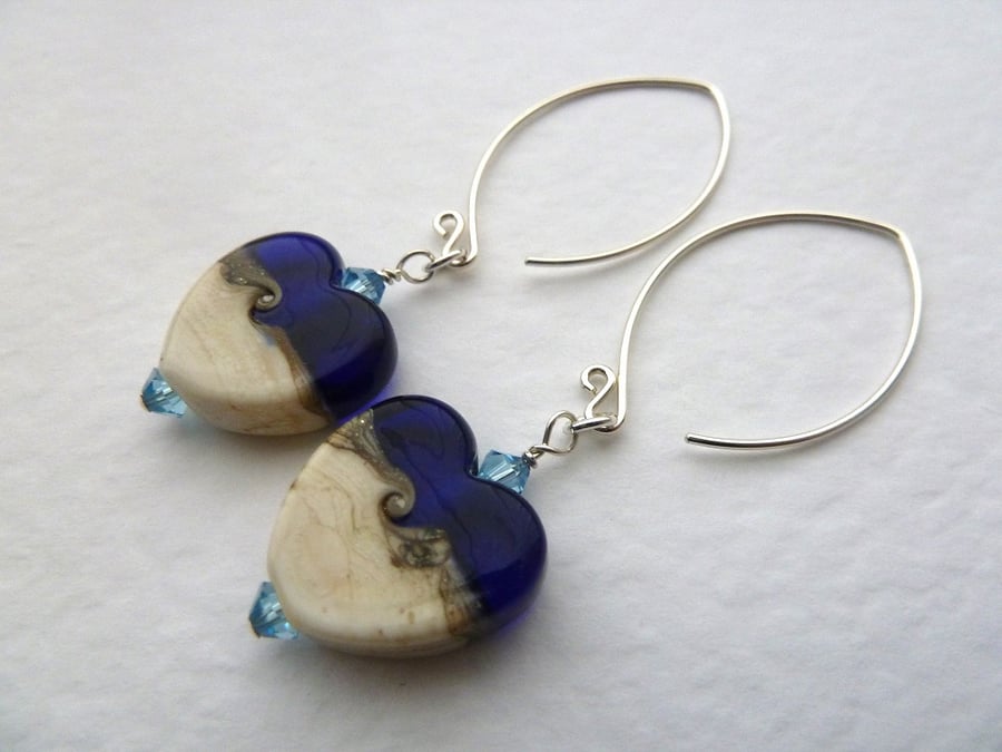 Sterling silver lampwork earrings, blue hearts
