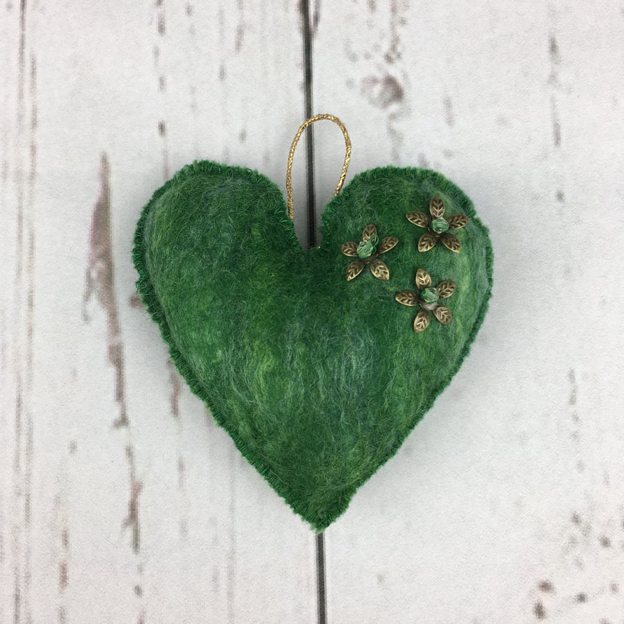 Fragranced hanging heart, padded felt heart with lavender insert in green shades