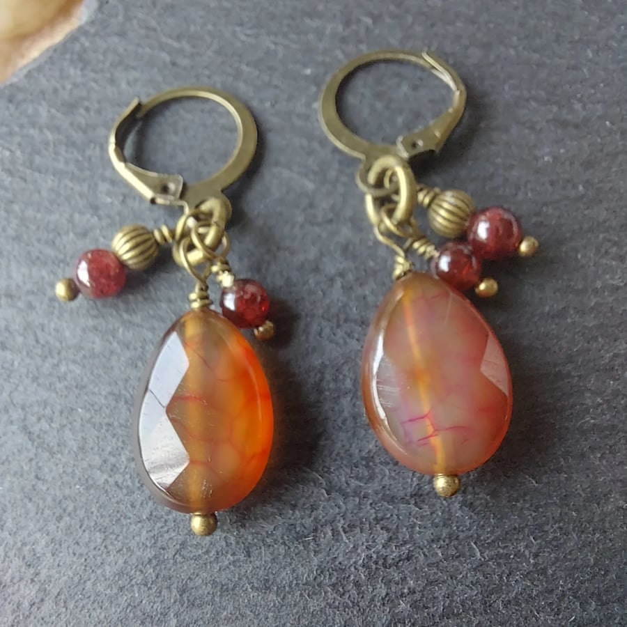 Agate and Garnet Drop Earrings