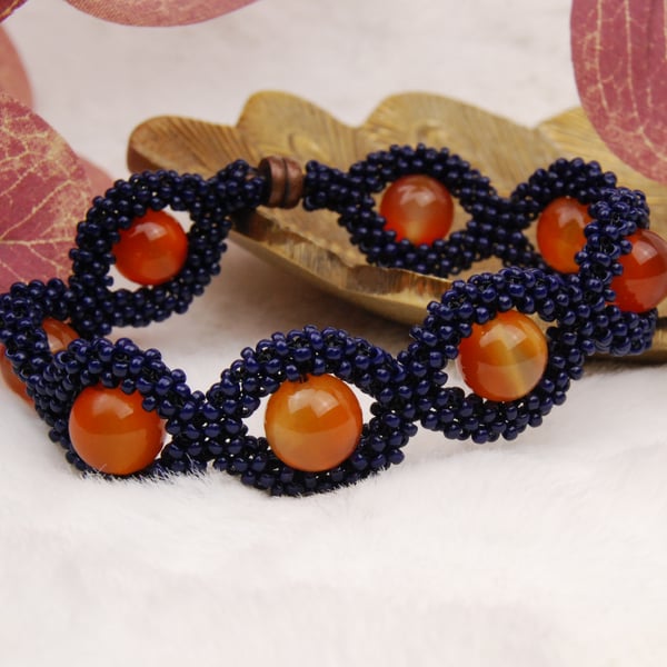 Carnelian bracelet orange and navy blue, Gemstone bracelet, Statement jewellery