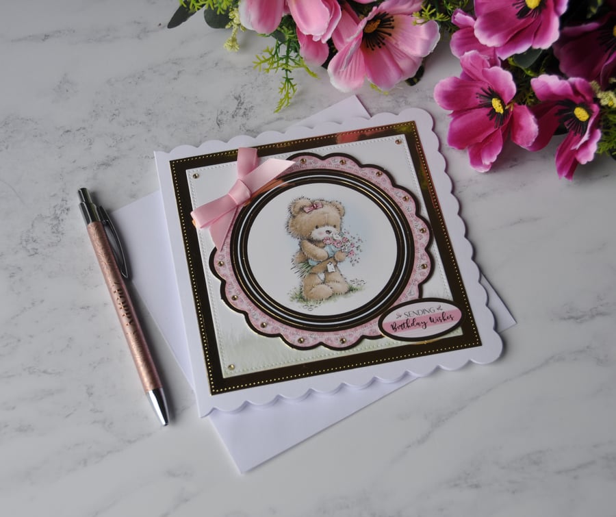 Birthday Card Sending Birthday Wishes Girl Teddy Bear Flowers Bouquet