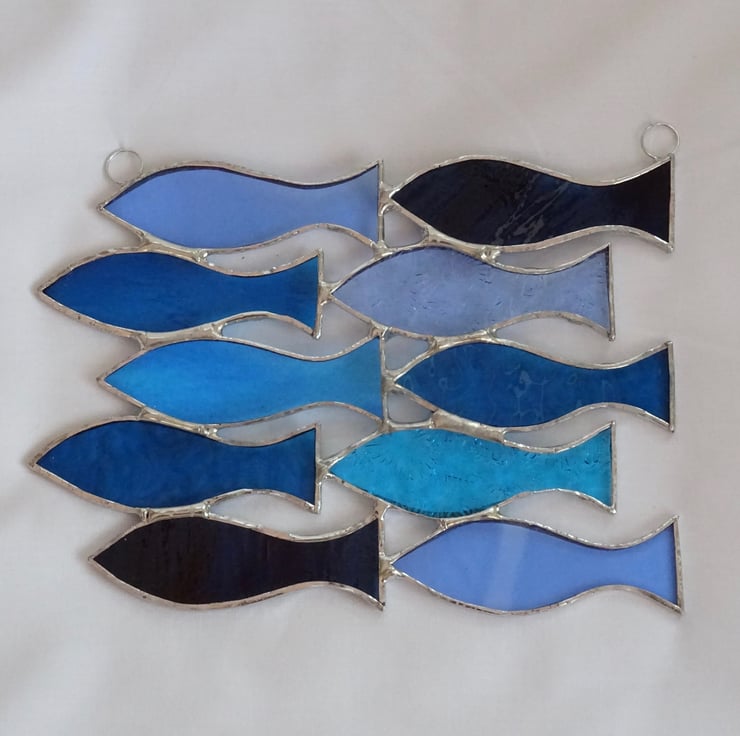 Stained Glass Shoal of 10 Fish Suncatcher Blu... Folksy