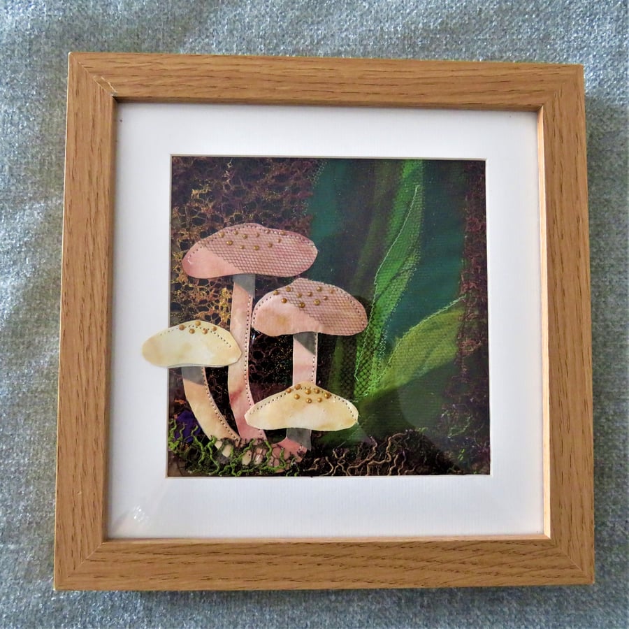 Toadstool-textile-picture-woodland-fabric art