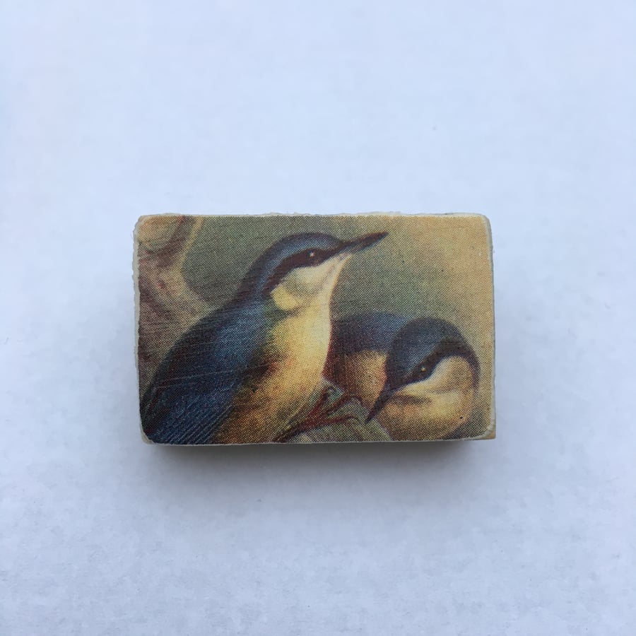 Nuthatch - Wooden Block, Bird Brooch