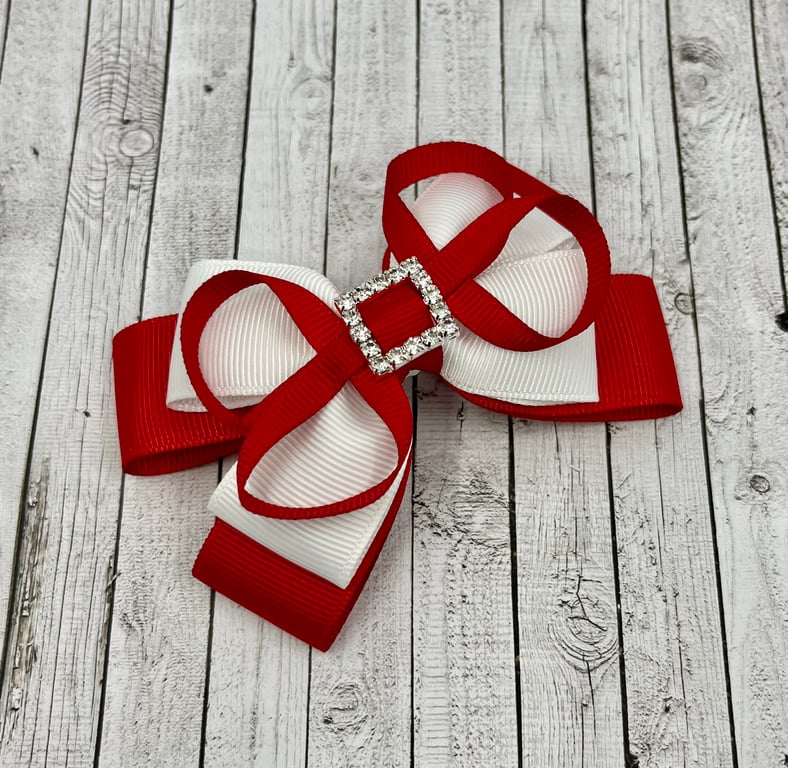 School Red and White Layer Bow with Red Loops on Clip