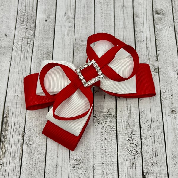 School Red and White Layer Bow with Red Loops on Clip