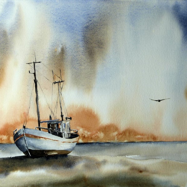 Fishing Boat, Original Watercolour Painting.