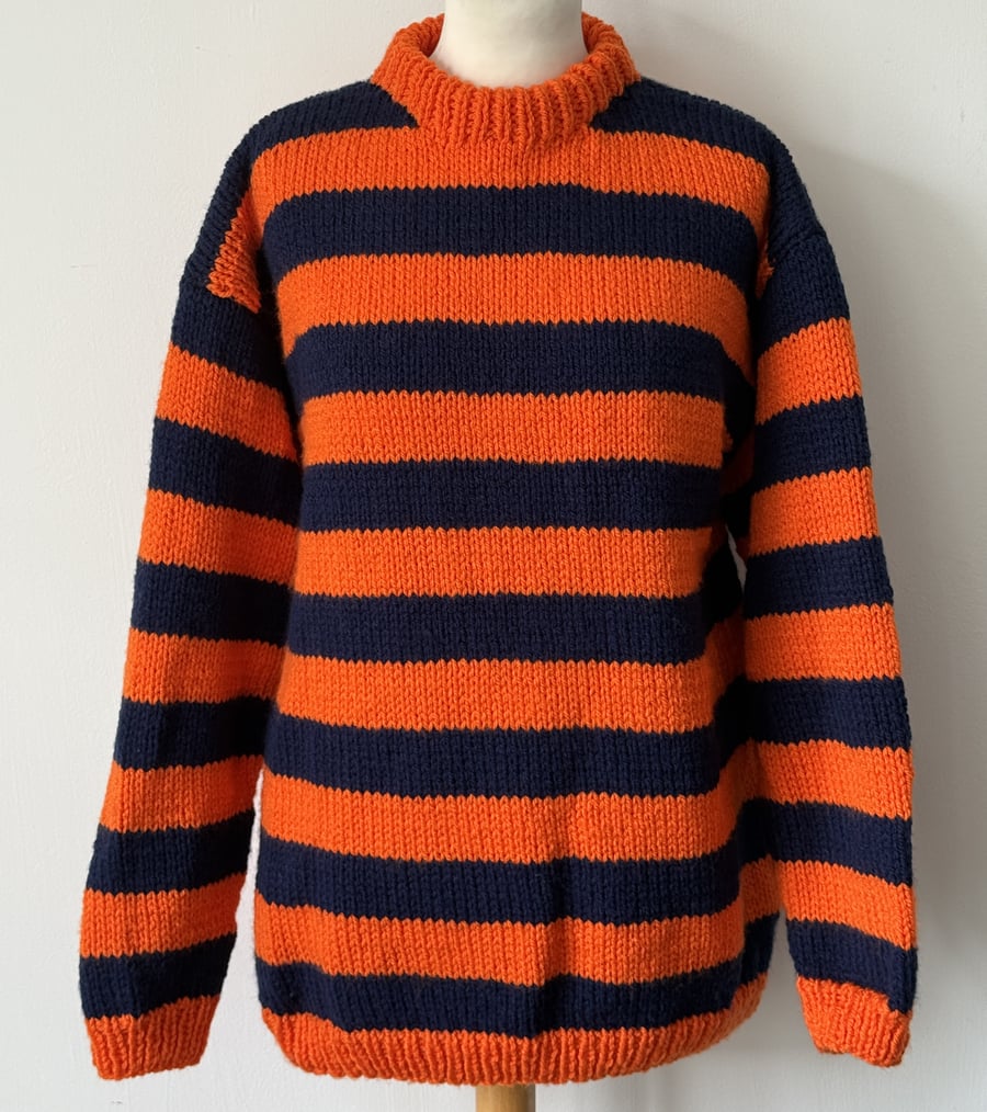 Orange and Navy Striped Hand Knitted Sweater