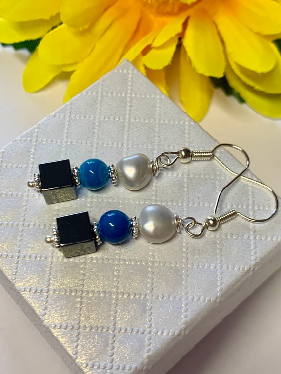 Freshwater Pearl, Blue Tiger Eye and Hematite Earrings