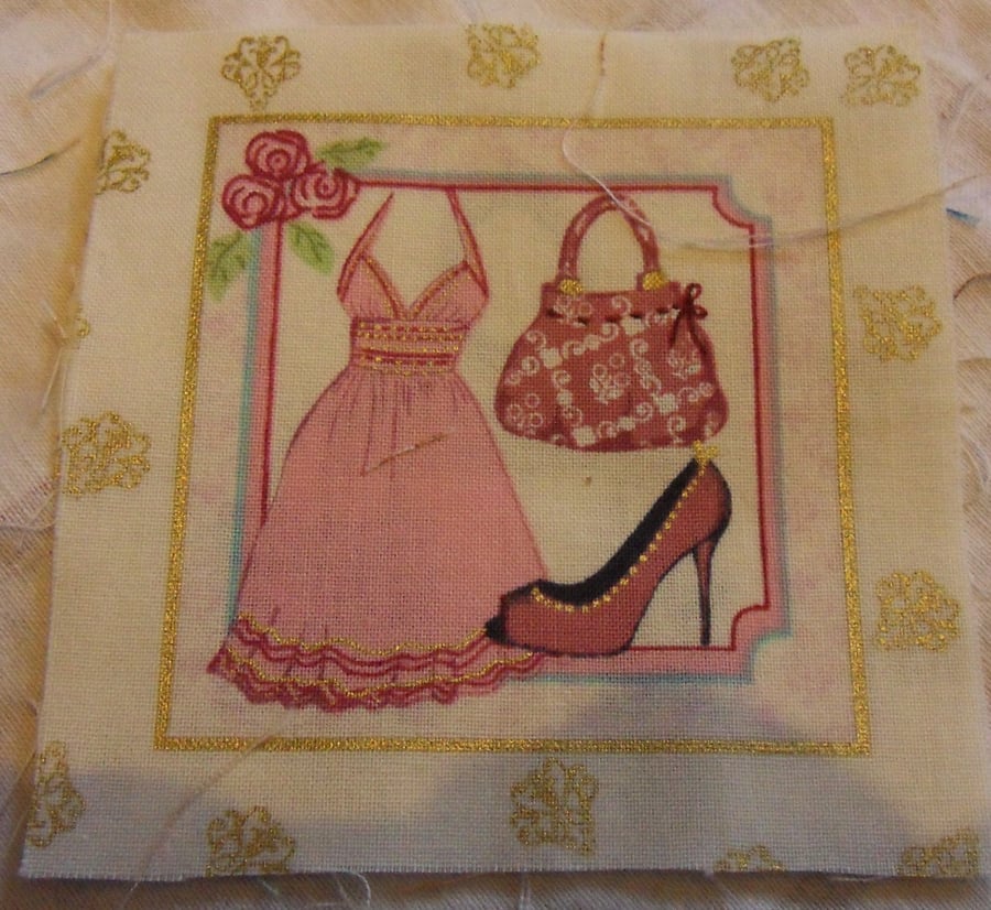 100% cotton fabric squares. Pink dress, bag,shoes (75)