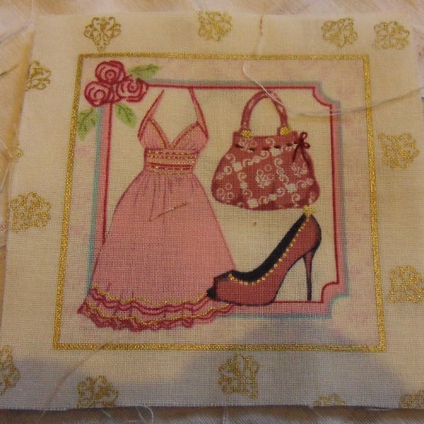 100% cotton fabric squares. Pink dress, bag,shoes (75)