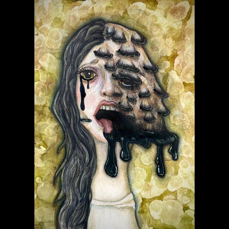 Deliquescence - Original A4 Pop Surrealism Mushroom Painting