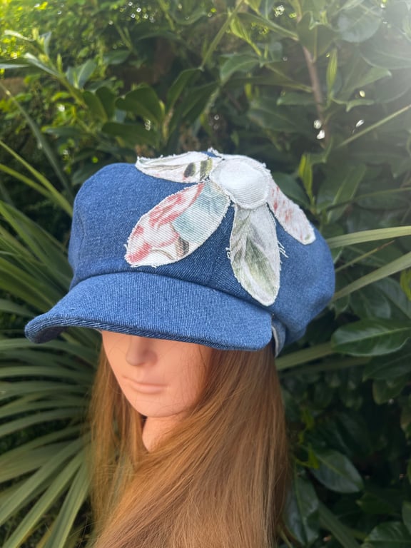Women's denim Baker boy cap with decorative flower detail