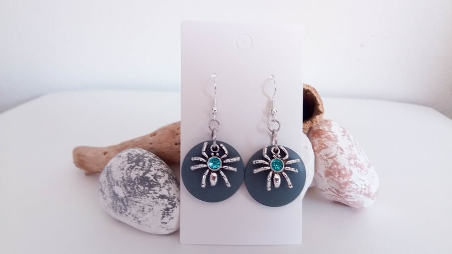 Grey Disc and Silver with Blue Glass Gem Spider Earrings