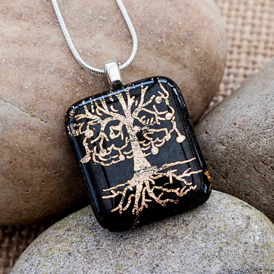 Pink Tree of Life Necklace Etched Dichroic Fused Glass Pendant