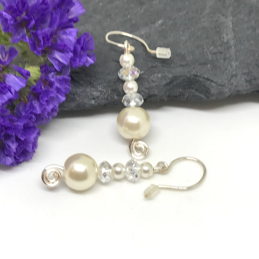 Silver Pearl and Crystal Earrings, Gift For Her