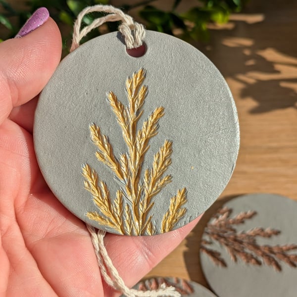 Hand Made Clay Print Gold Metallic Christmas Ornament.