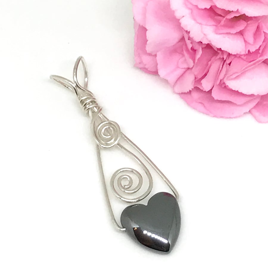 Sterling Silver Hematite Heart Pendant, Gift For Her