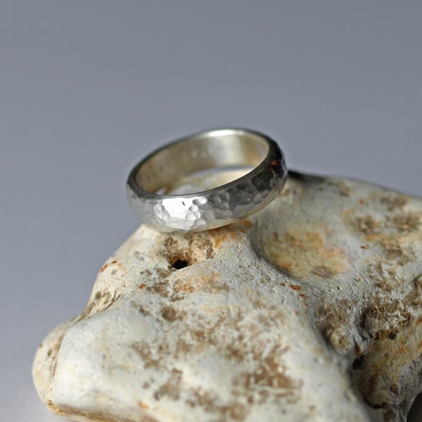 6mm Wide D Shaped Ring Band with Hammered Texture, Matt Finish