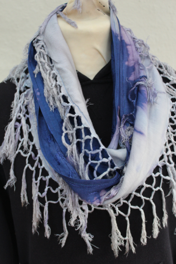 Tasseled blue and purple scarf, Eco infinity scarf,hand dip dyed, unisex scarf.