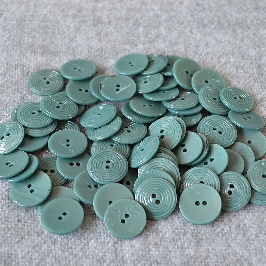 DESTASH: Vintage Green 2-Hole Circle Detail Plastic Buttons (70 Approx) 