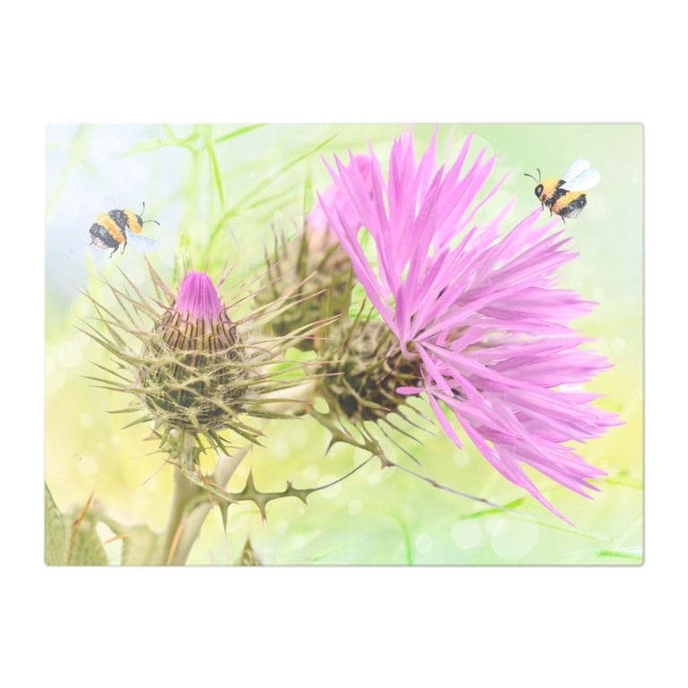 Pink Thistle Plant and Bees Amid Glass Lucious Green Chopping Board