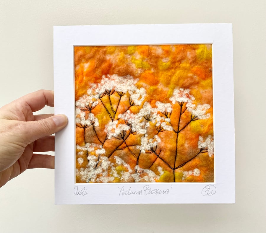 Mounted embroidered meadowsweet late summer wet felted artwork, wall art. 