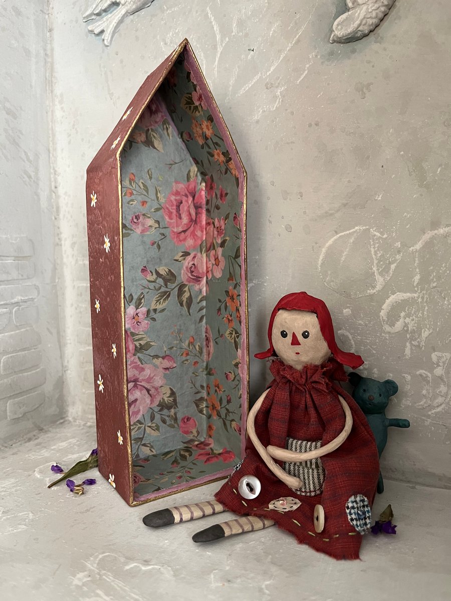 Paper mache rag doll with teddy bear