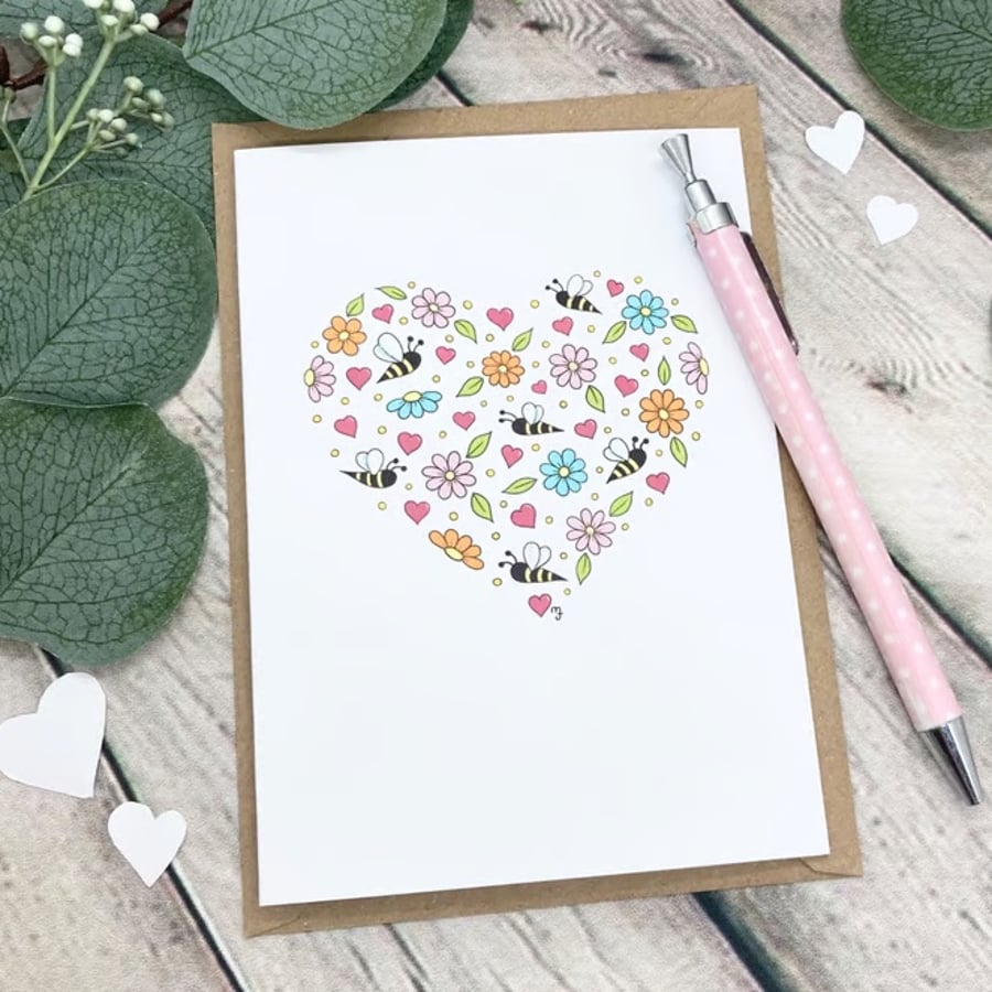 Floral Bees Heart Card - Blank Card - Birthday Card - Any Occasion - Love Bees