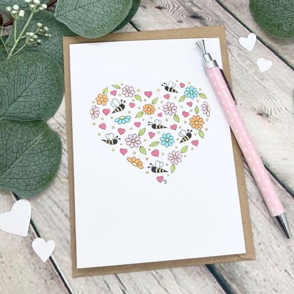Floral Bees Heart Card - Blank Card - Birthday Card - Any Occasion - Love Bees