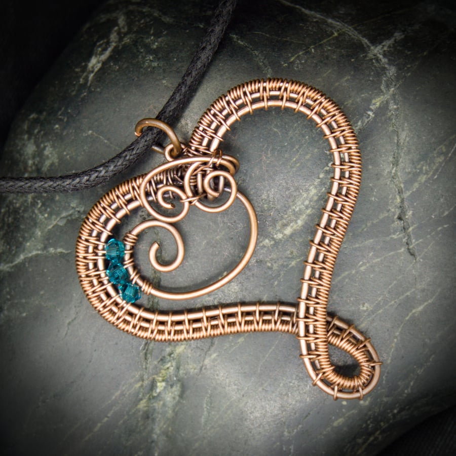 December Copper Heart Birthstone Pendant - Blue Zircon Crystal Beads