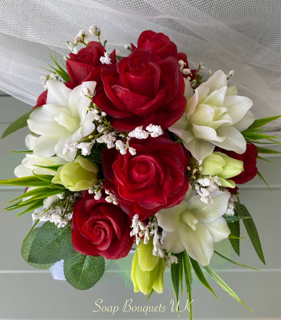 Bouquet Of Vegan Soap Flowers Maroon Roses & White Lilies in a Hat Box