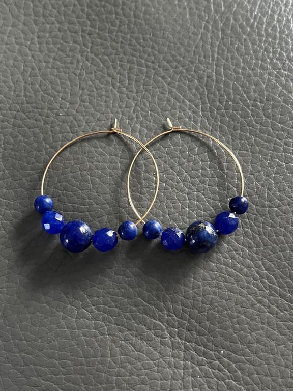 Handmade Gold Hoop Earrings with Lapis Lazuli and Jade