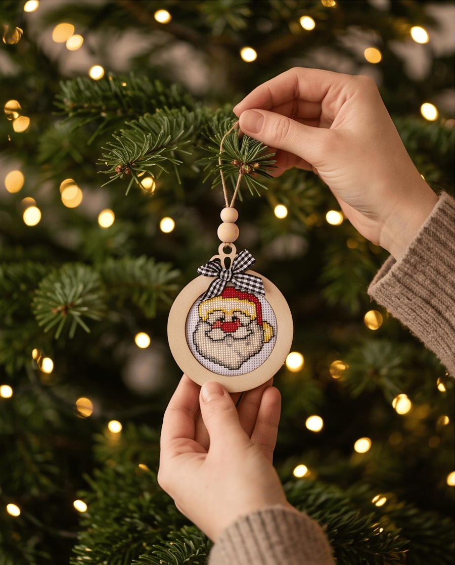 Embroidered Santa Christmas Tree Ornament, Handmade Cross Stitch Wooden Bauble