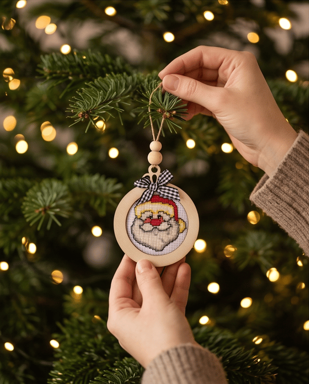 Embroidered Santa Christmas Tree Ornament, Handmade Cross Stitch Wooden Bauble