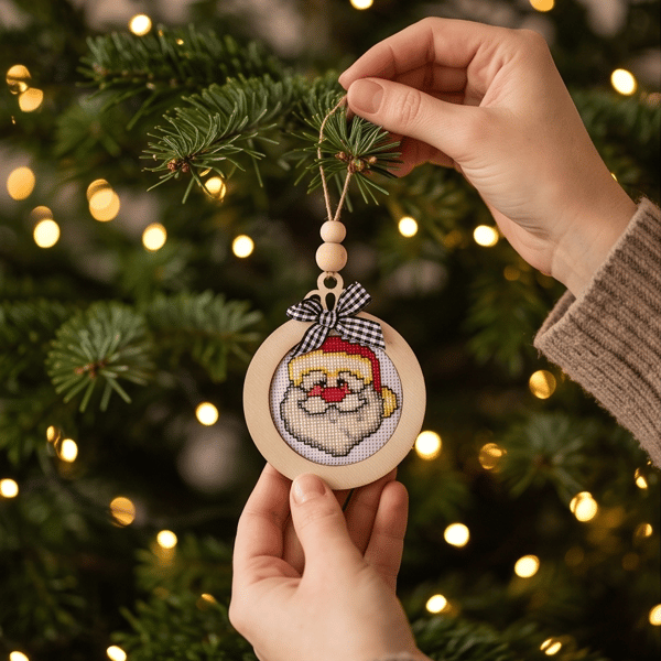 Embroidered Santa Christmas Tree Ornament, Handmade Cross Stitch Wooden Bauble