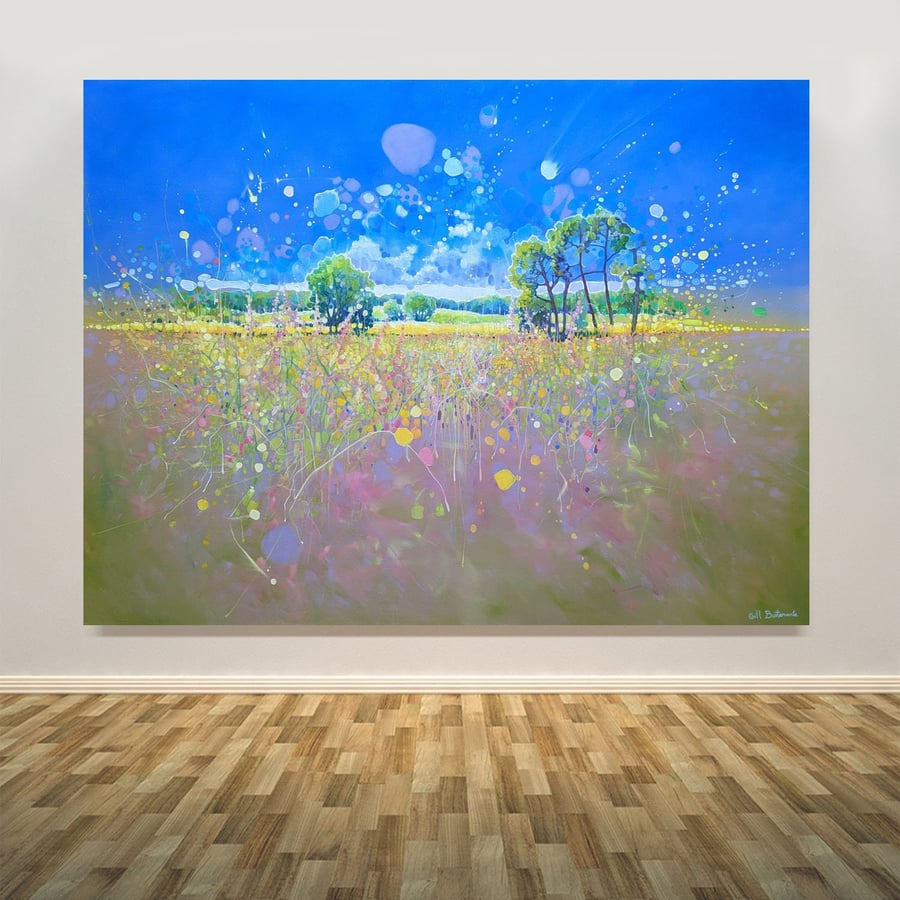 Transcendent Springtime is an exuberant semi-abstract landscape with a hare