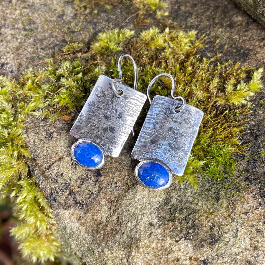 Oxidised sterling silver and lapis lazuli industrial look earrings