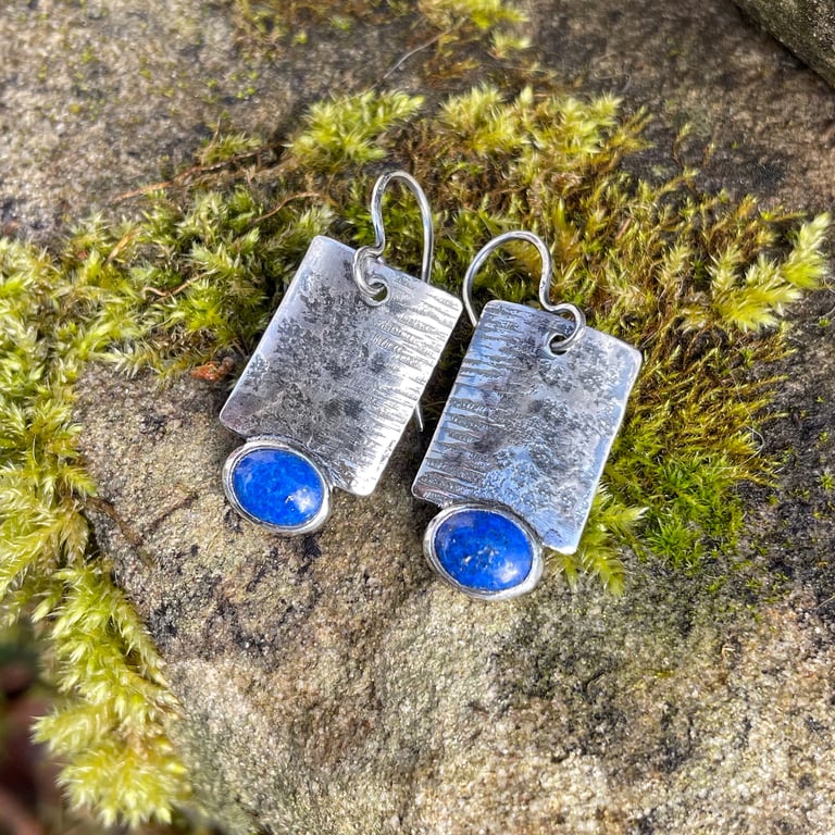 Oxidised sterling silver and lapis lazuli industrial look earrings