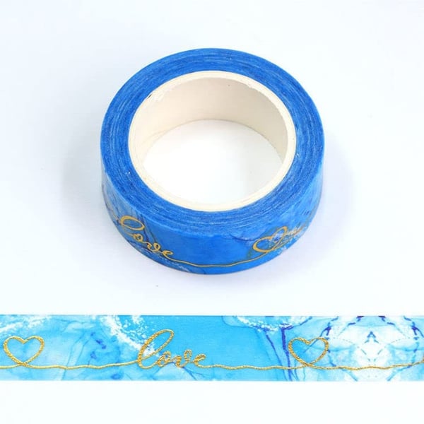 Love Marble Blue Gold Foil Embossed Decorative Tape 15mm x 10m for Scrapbooking