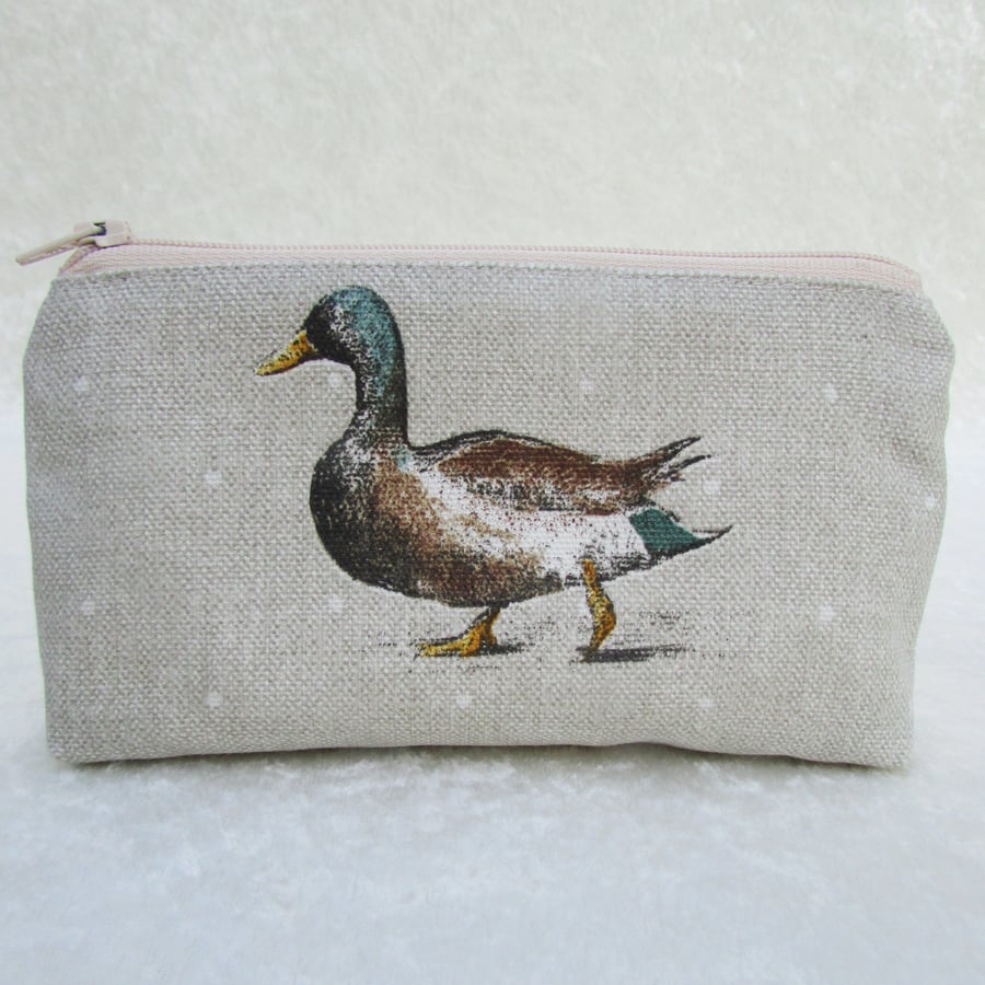Large purse in pale beige with Mallard duck and drake